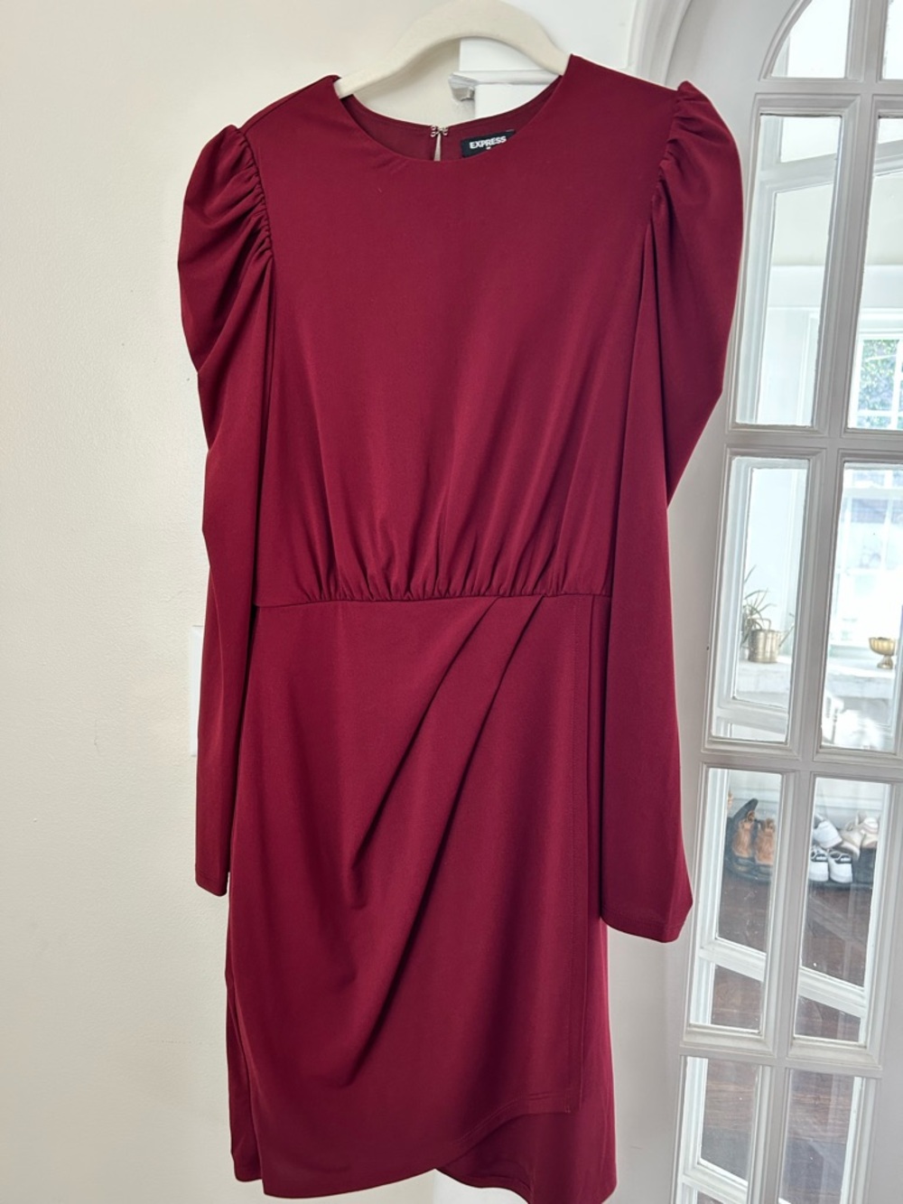 Express Women's Wine Long Sleeve Pleated Waist Dress